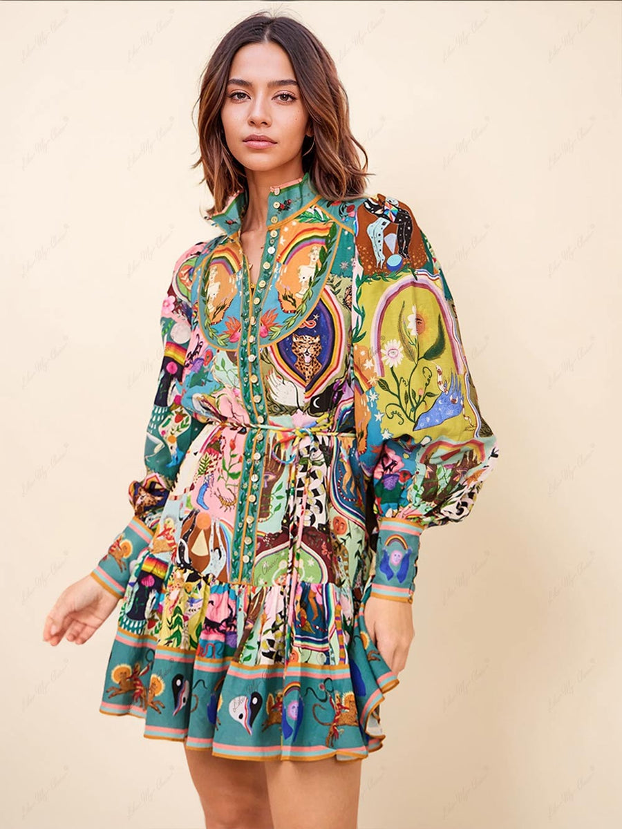 Casual Graffiti Evergreen Printing Midi Dress