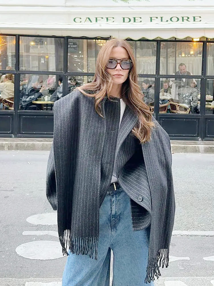 Stylish Striped Blazer with Scarf