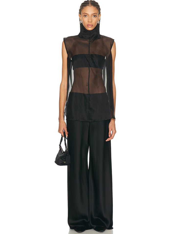 Sheer Turtleneck Satin Wide-Leg Set