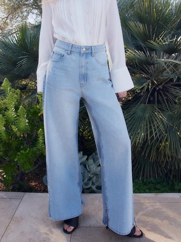 Two-Tone Bottom Split Wide Jeans