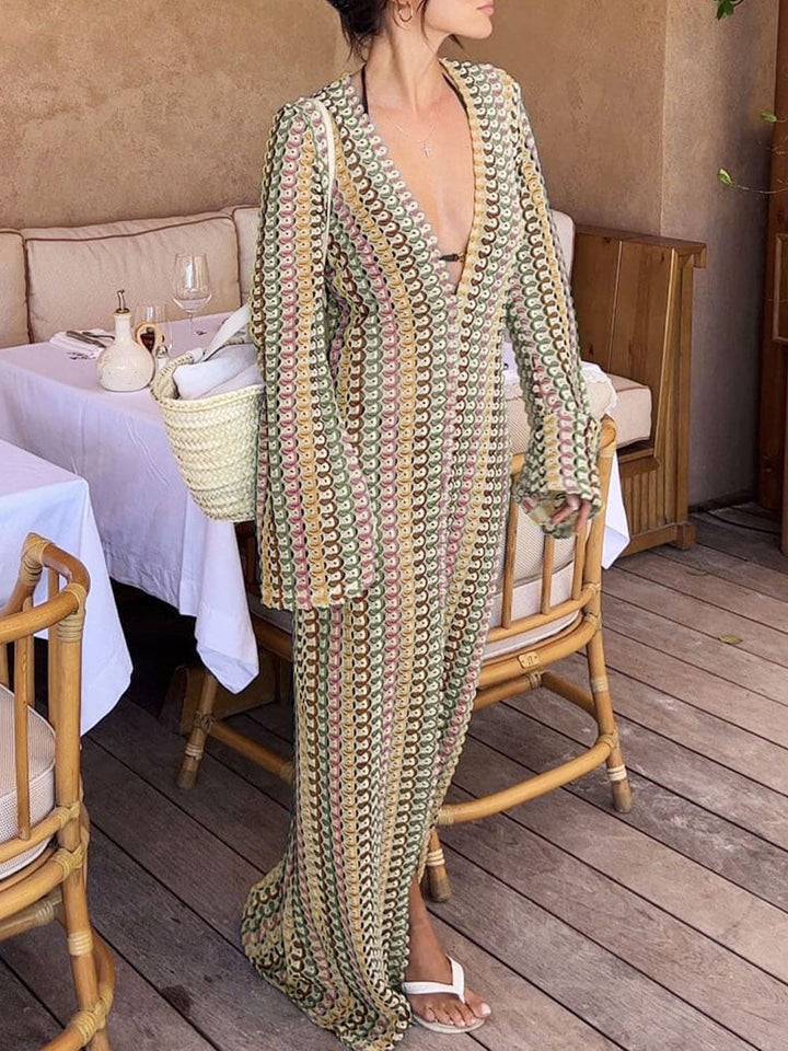Boho V Neck Bell Sleeve Wavy Striped Crochet Beach Vacation Maxi Dress - Kayumanggi