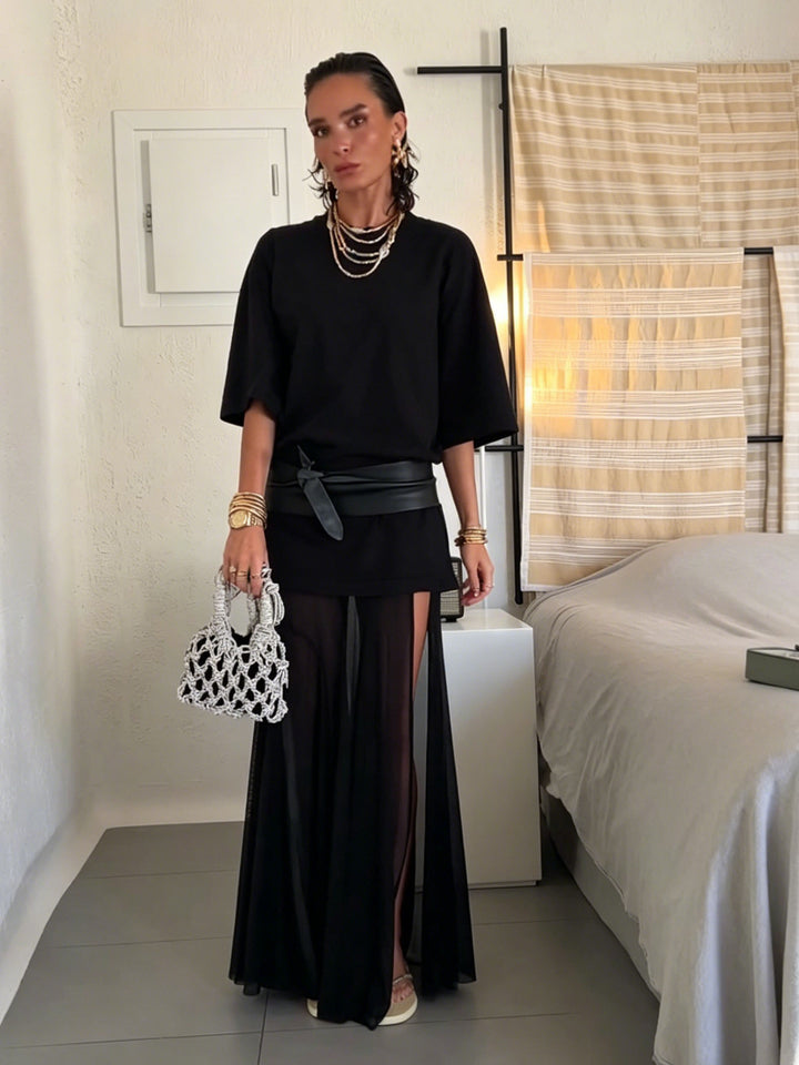 Conjunto de camiseta extragrande con falda maxi de gasa transparente en capas