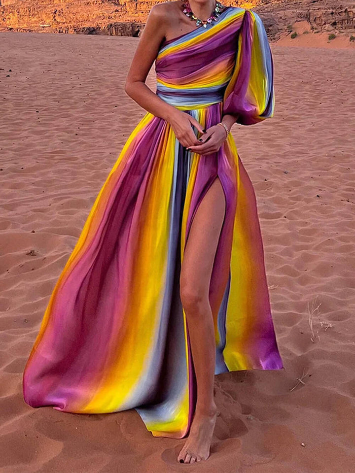 Off-shoulder maxi-jurk met regenboogprint