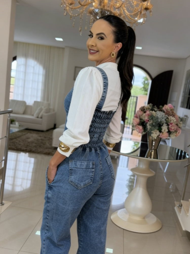 Blue Denim Wide-Leg Overalls Jumpsuit
