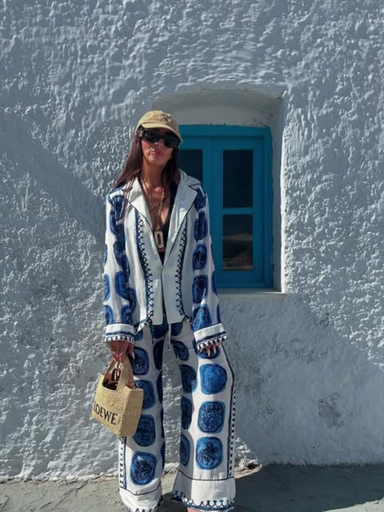 Set ng Pantalon na Elegance Blue Checkerboard