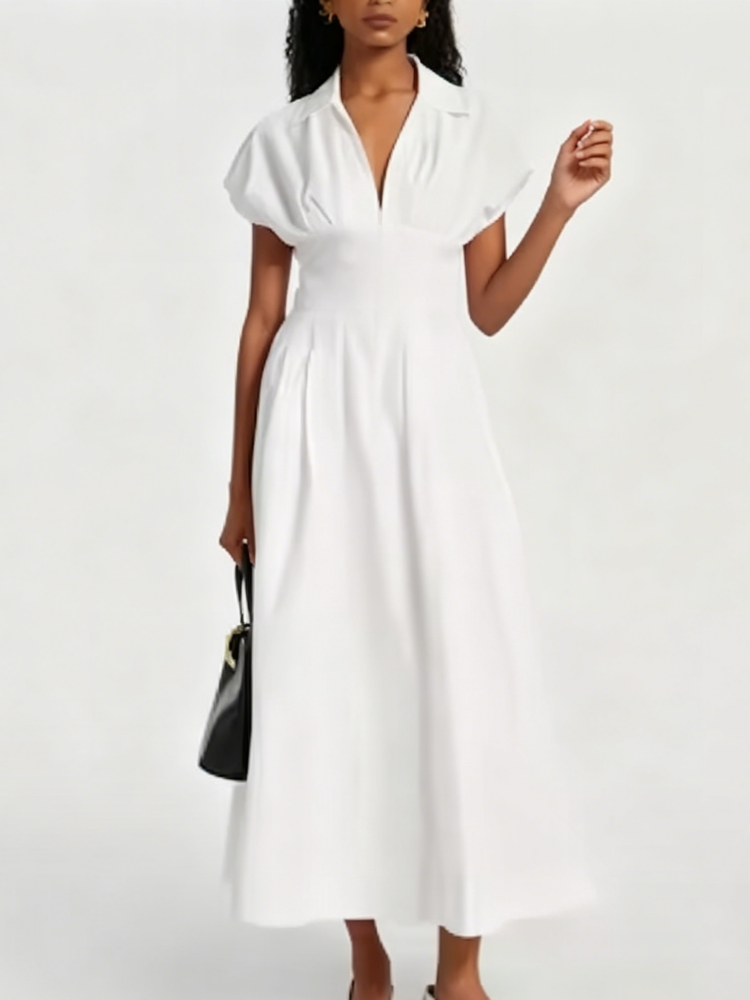 White V-Neck Puff Sleeve Midi Dress