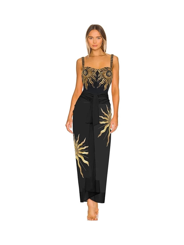 Traje de baño de una pieza con girasol de lentejuelas