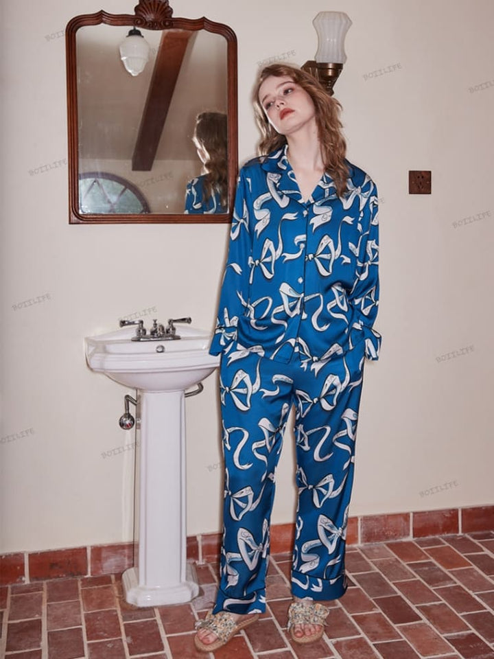 Bow Pattern Ice Silk Pajama Set