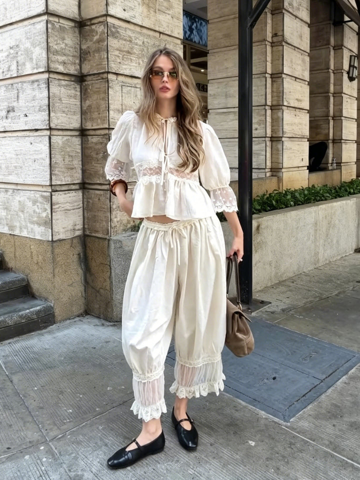 Lace Puff Sleeve Blouse & Cropped Bloomer Pants