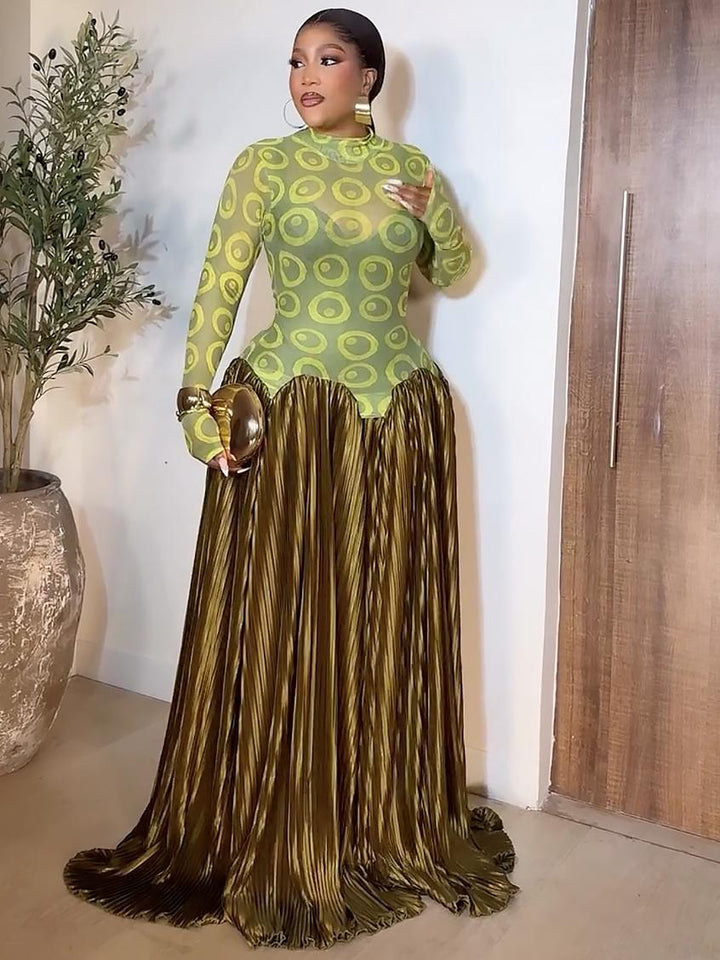 Mesh Panel Retro Pleated Maxi Dress