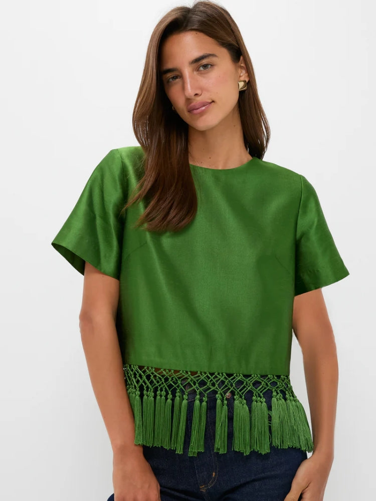 Grünes Satin-Fransen-Top