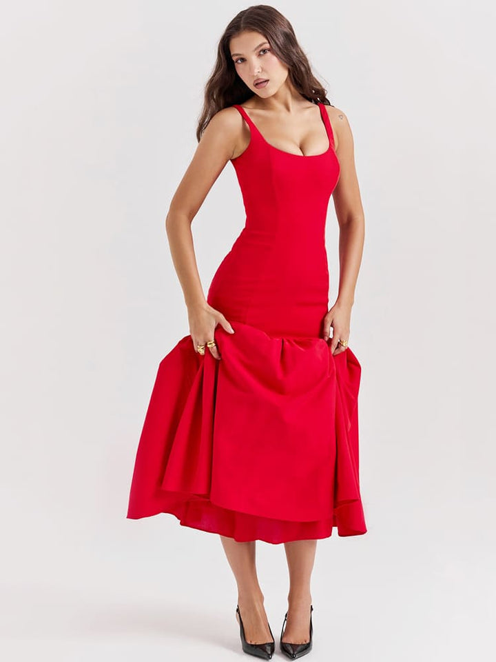 Vestido Midi com Decote Halter e Fenda Lateral - Vermelho Escarlate