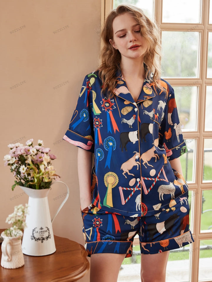 Conjunto de Loungewear Curto com Estampa de Animais em Desenho Animado Fofo