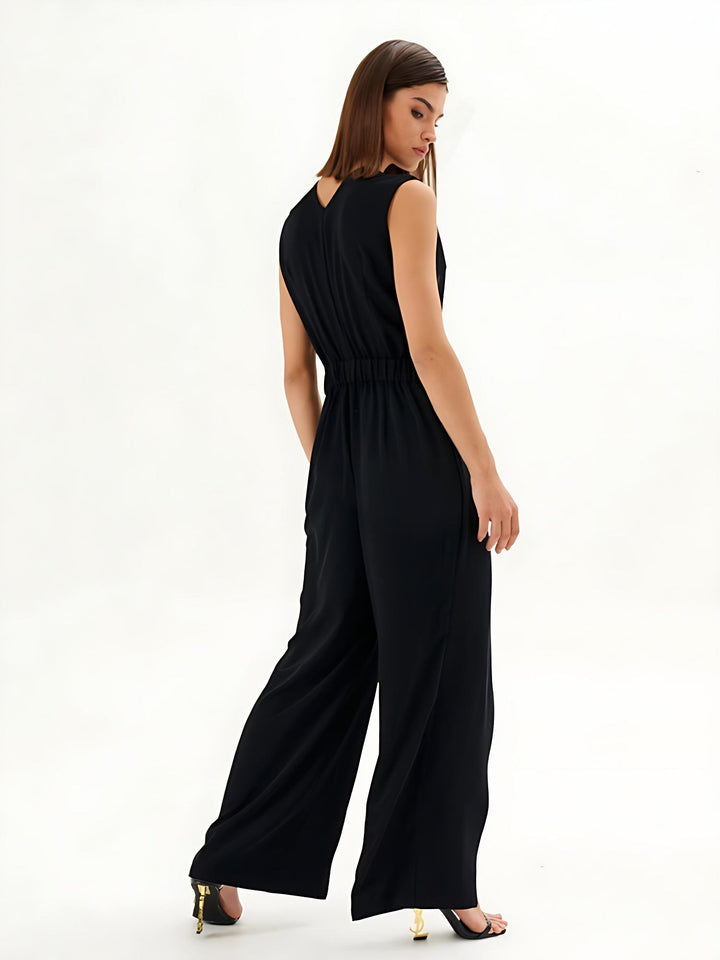 Black Sleeveless Wrap-Effect Wide-Leg Jumpsuit