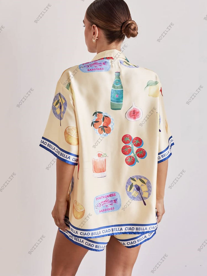 Casual Cartoon Print Collar Cardigan & Shorts Set