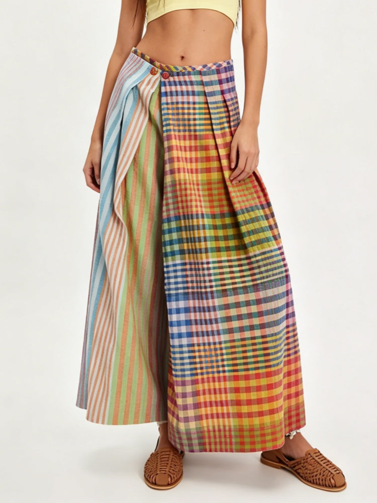Patchwork Plaid Linen Wide-Leg Crops