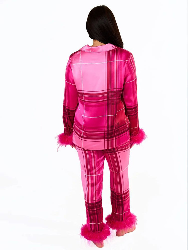 Pink plaid satin pyjamas sæt