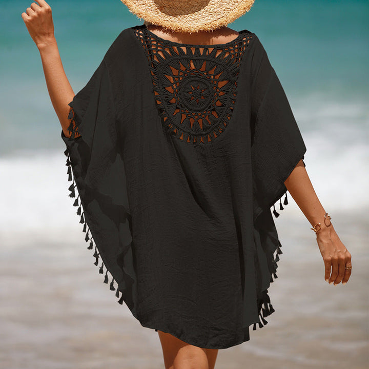 Handgehaakte losse franje zonnebloem strandblouse cover-up