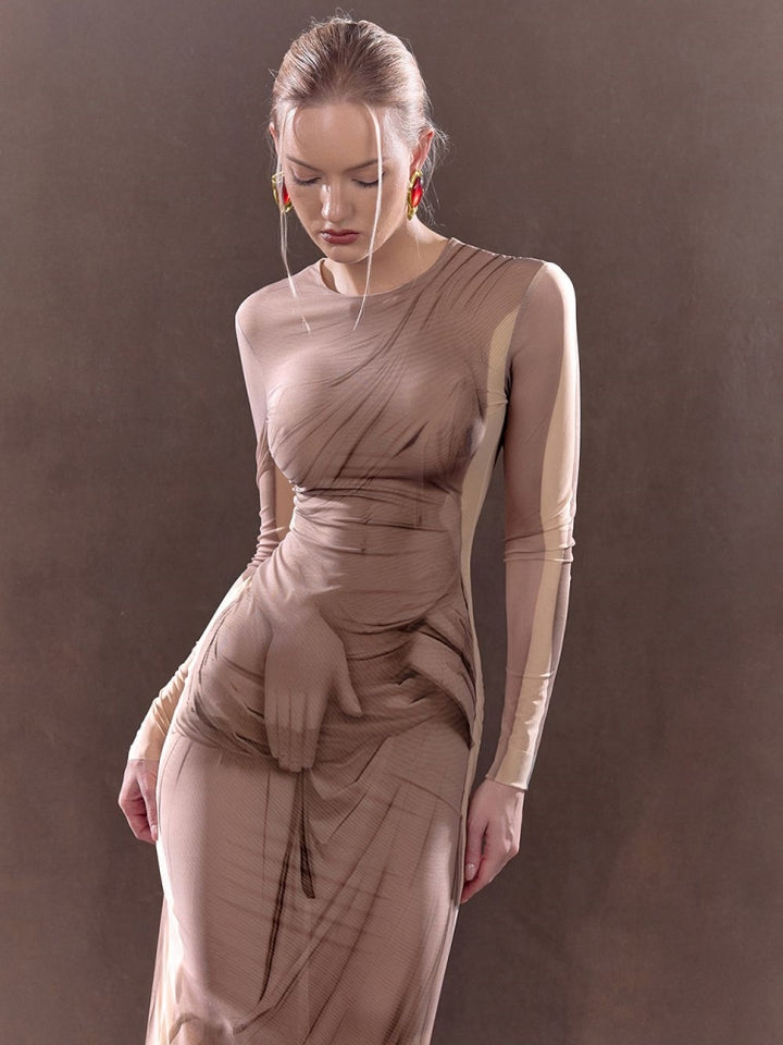 Painted-Effect Mesh Maxi Dress