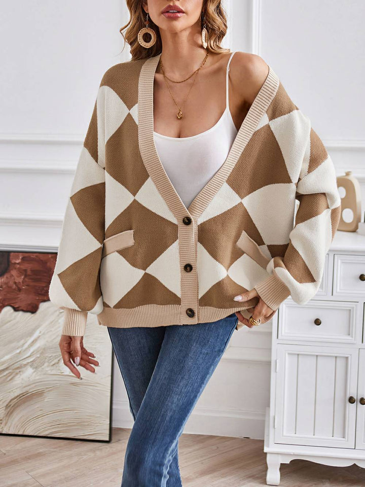 V-hals geometrisk farveblok strik cardigan