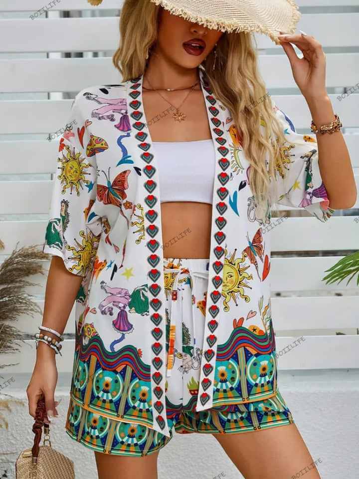 Fashionable Floral Print Casual Cardigan & Shorts Set