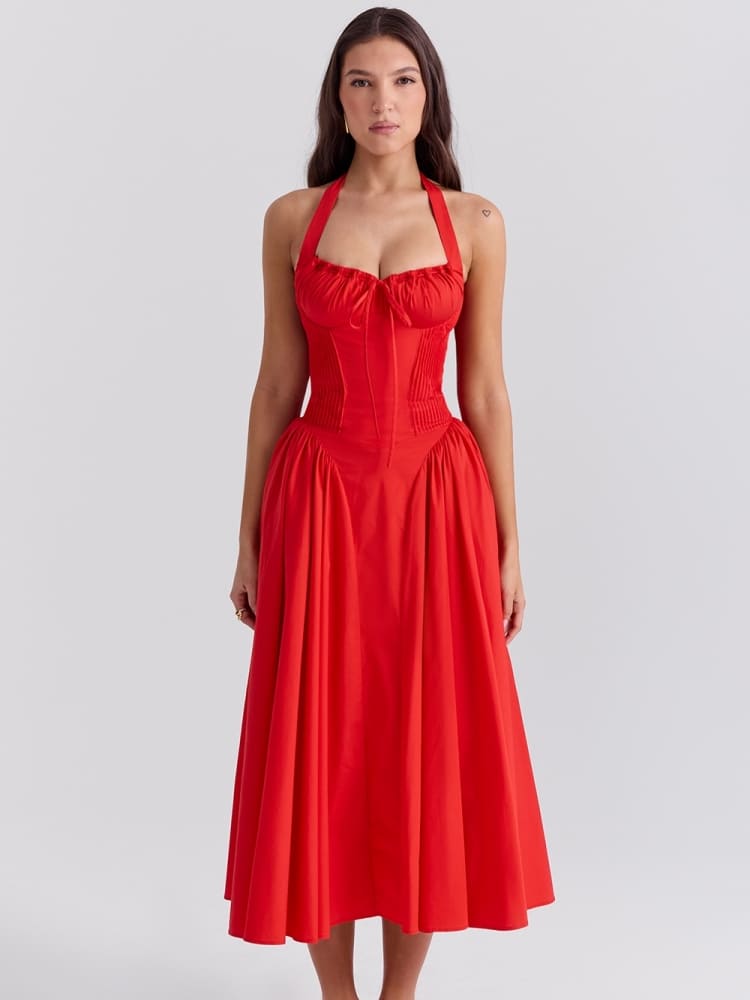 Vestido Midi Halter Vermelho Sem Costas