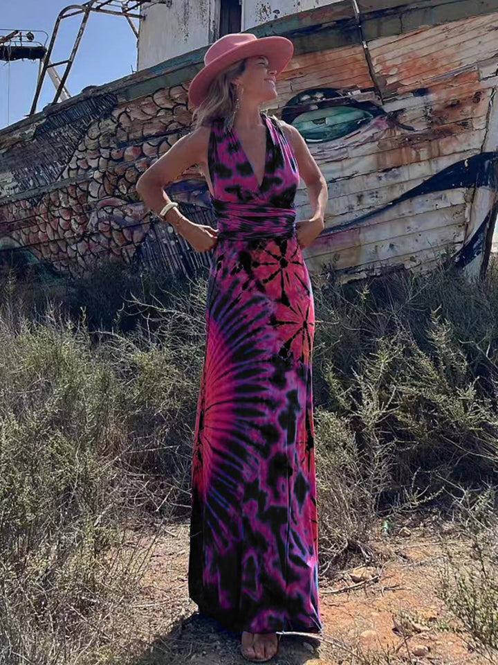 Tie-dye Print V-hals Cross Rygstropper Stretch Maxi Kjole