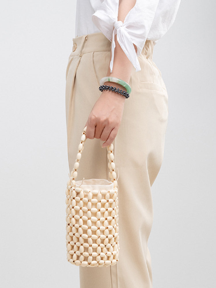 中空木製ビーズ織りバケットバッグ
