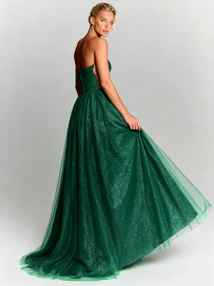 Ruched Mesh Long Evening Dress