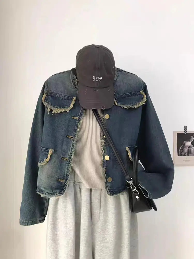 Vintage Rund Hals Frayed Denim