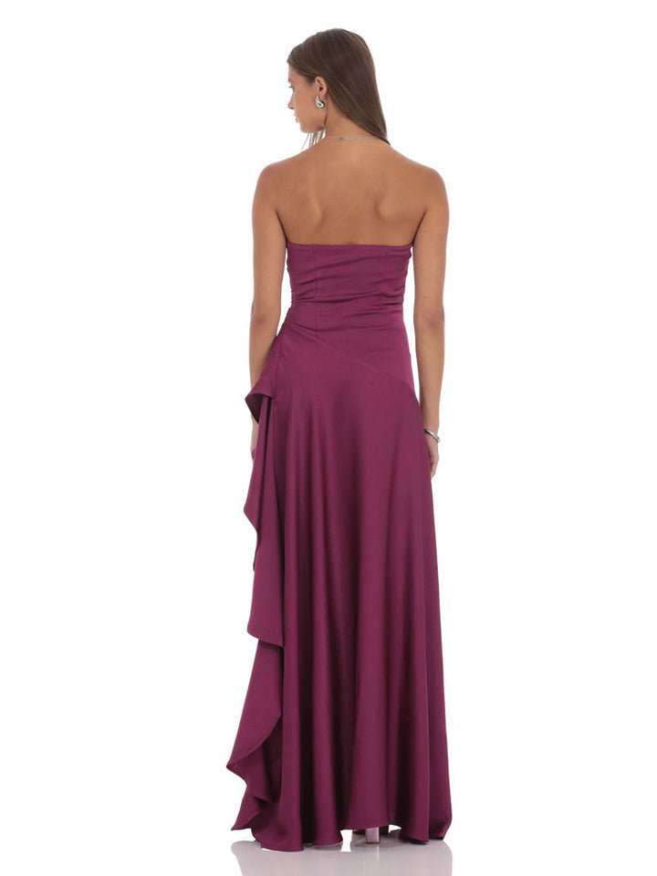 Strapless High-Shine Satin Asymmetric Slit Gown