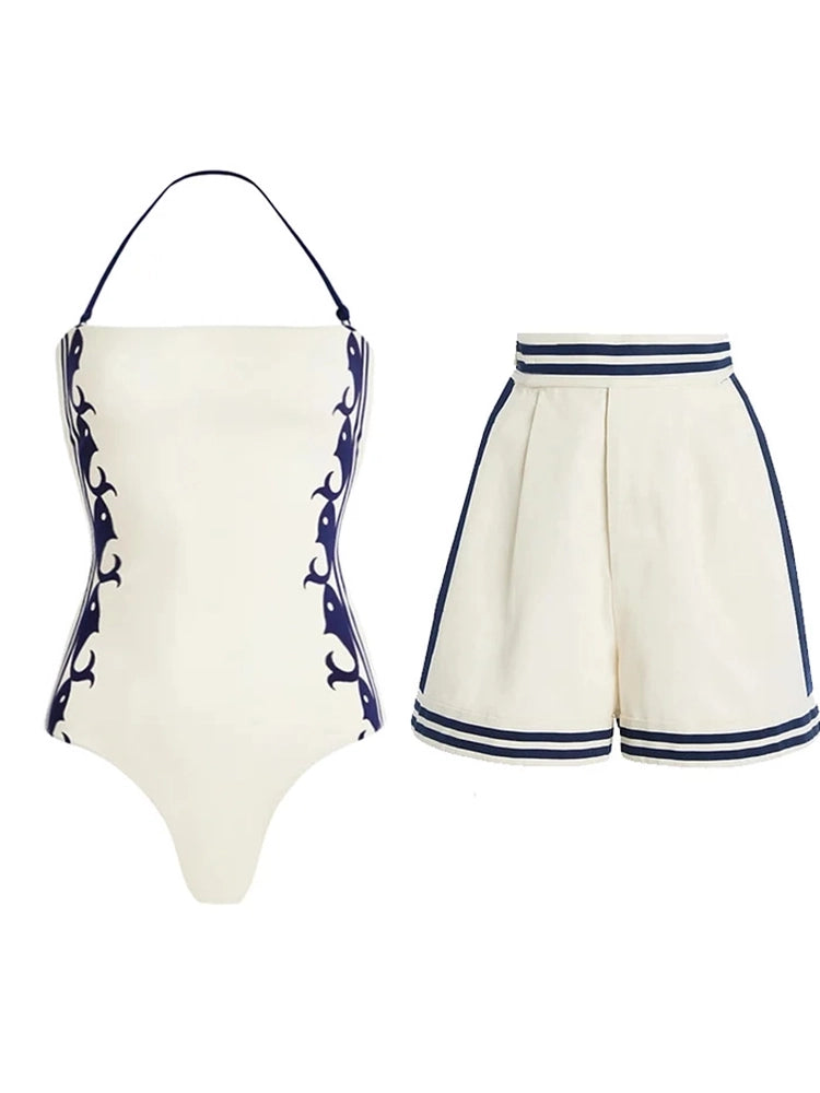 Set ng Navy Style na Isang Pirasong Swimsuit
