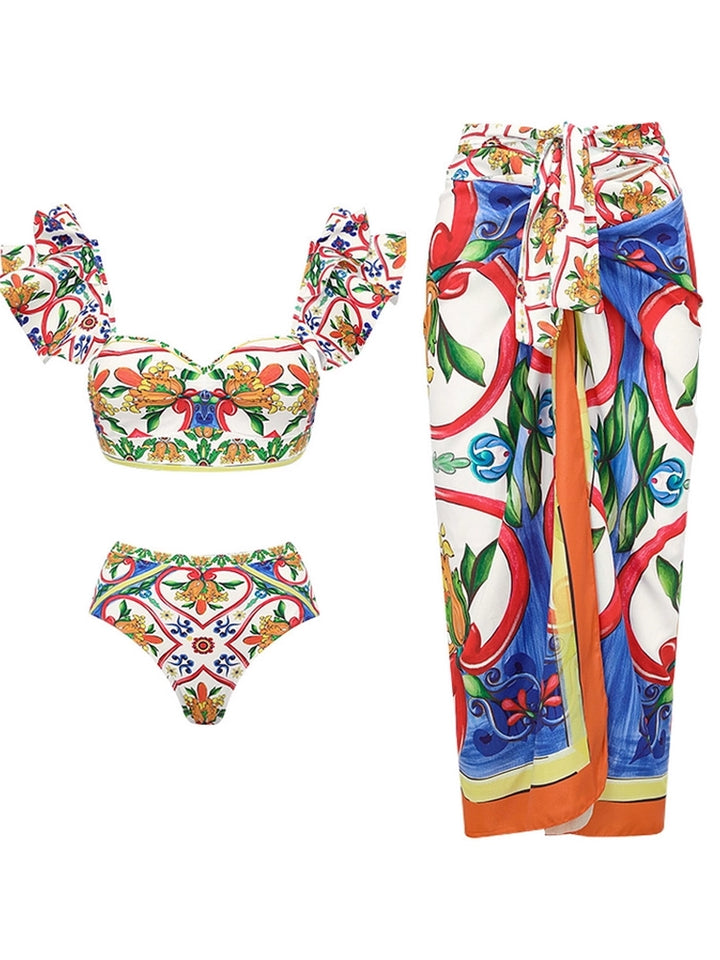 Ruffle Enamel Floral Bikini Swimsuit Set