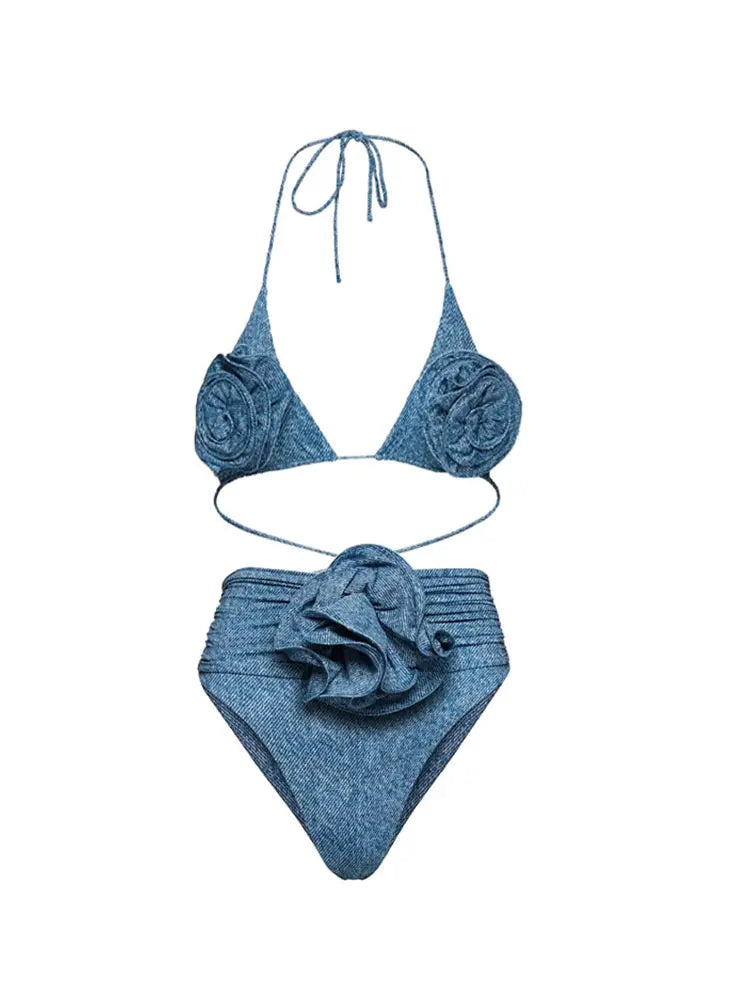 3D Blumen Neckholder Sexy Bikini Set