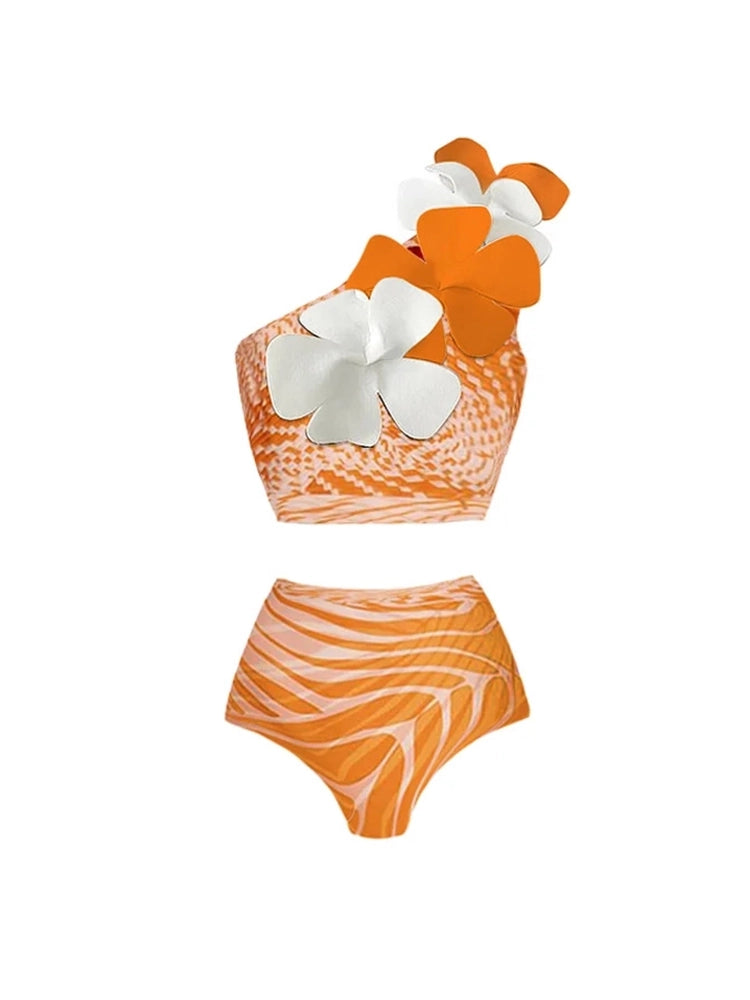 Ein-Schulter Bikini-Set mit floralem Lachsprint