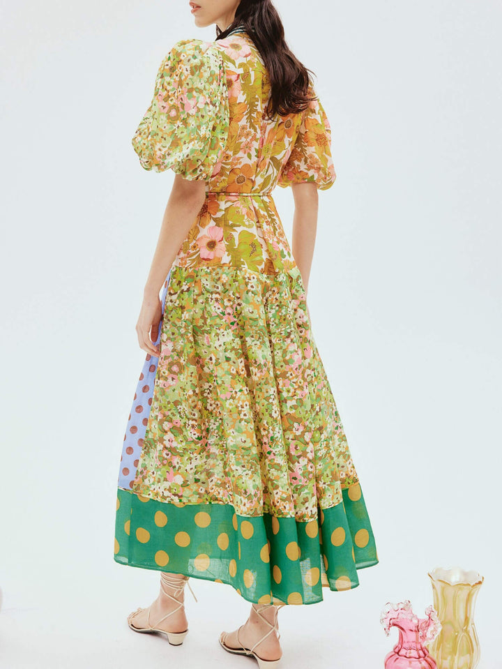 Napakagandang Retro Floral Print Puff Sleeve Midi Dress