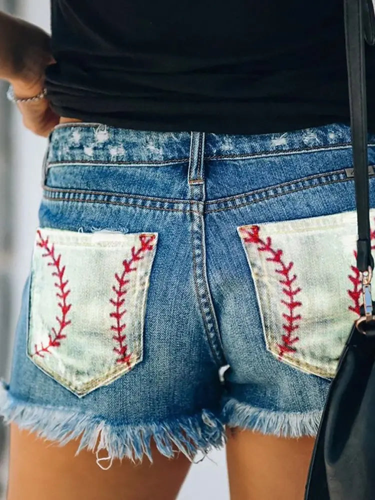 Flag Print Button Distressed Shorts