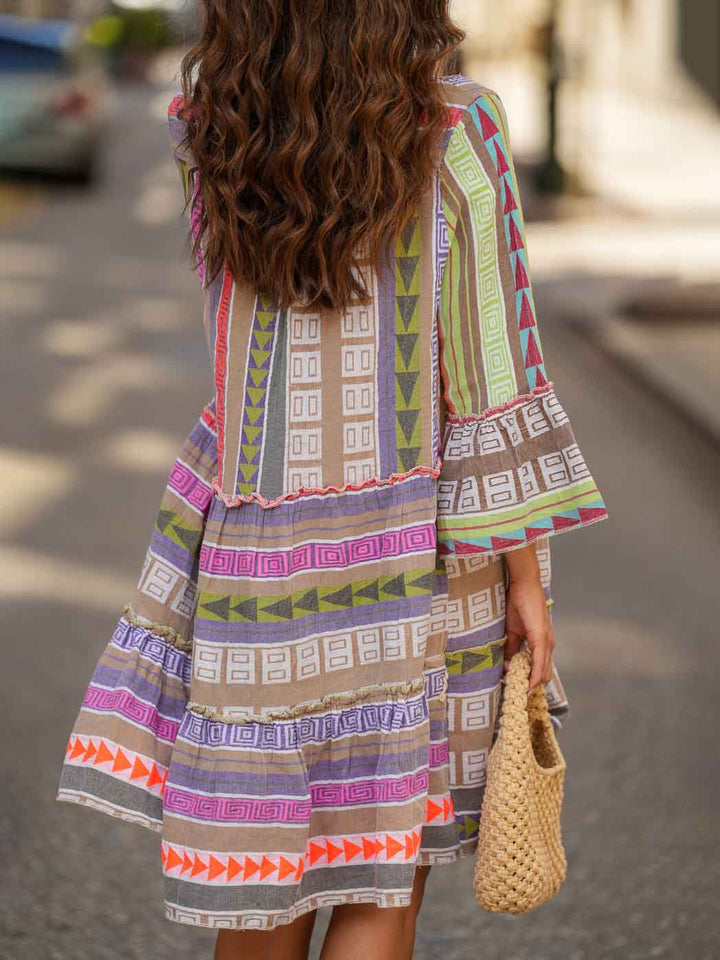 Retro Unique Geometric Print V-Neck Mini Dress