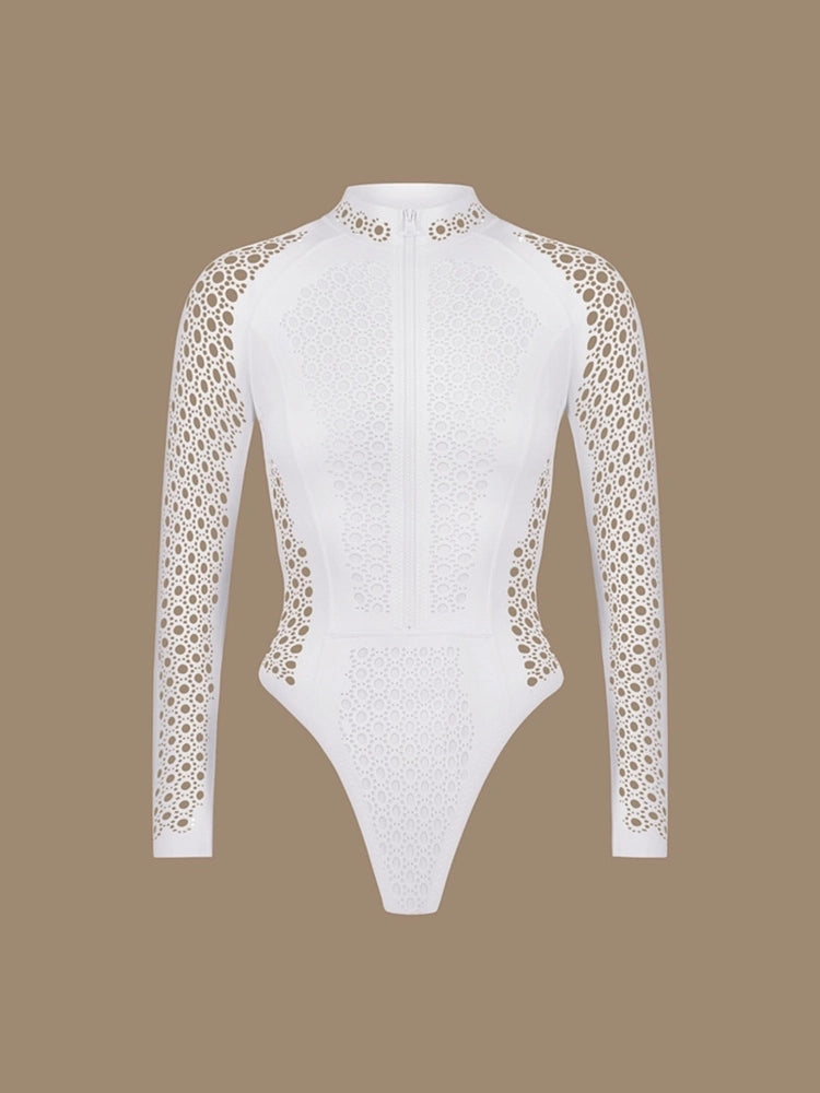White Mesh Zipper Rash Guard Swimsuit