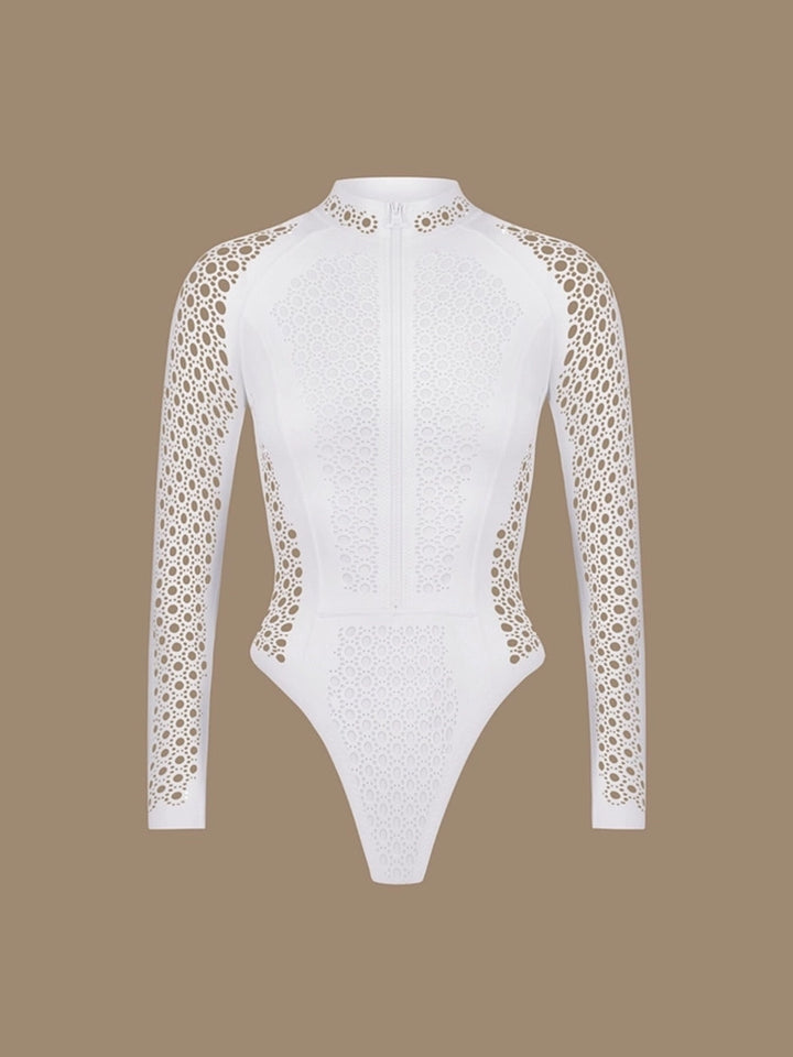 White Mesh Zipper Rash Guard Swimsuit