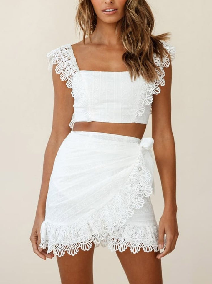 White Sonnet Lace Crop Top and Skirt Set
