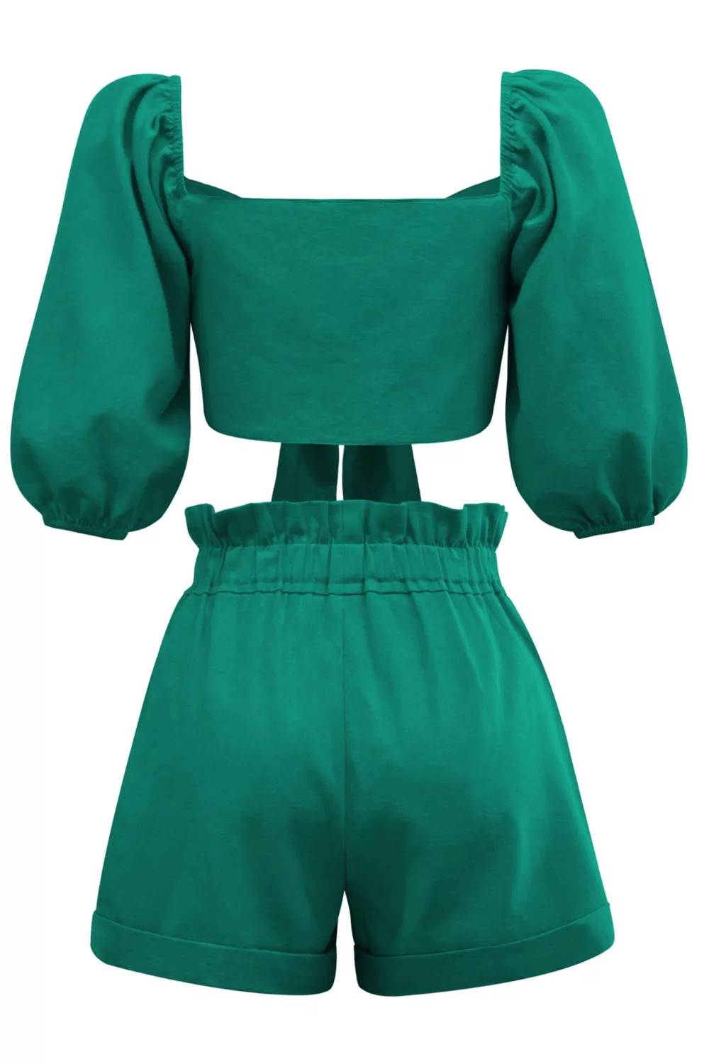 Conjunto de shorts de linho com amarração frontal e manga bufante em verde