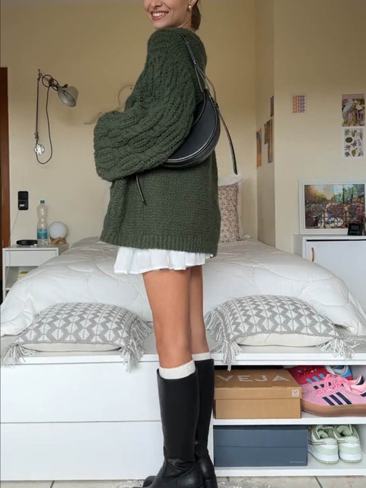 Green Cable Crewneck Sweater Skirt Set