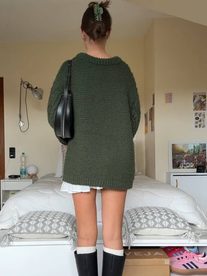 Green Cable Crewneck Sweater Skirt Set