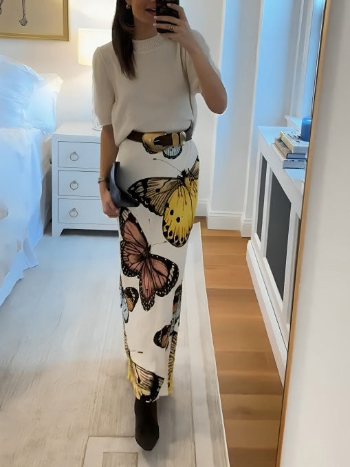 Maikling Cashmere Sweater at Butterfly Print Maxi Skirt