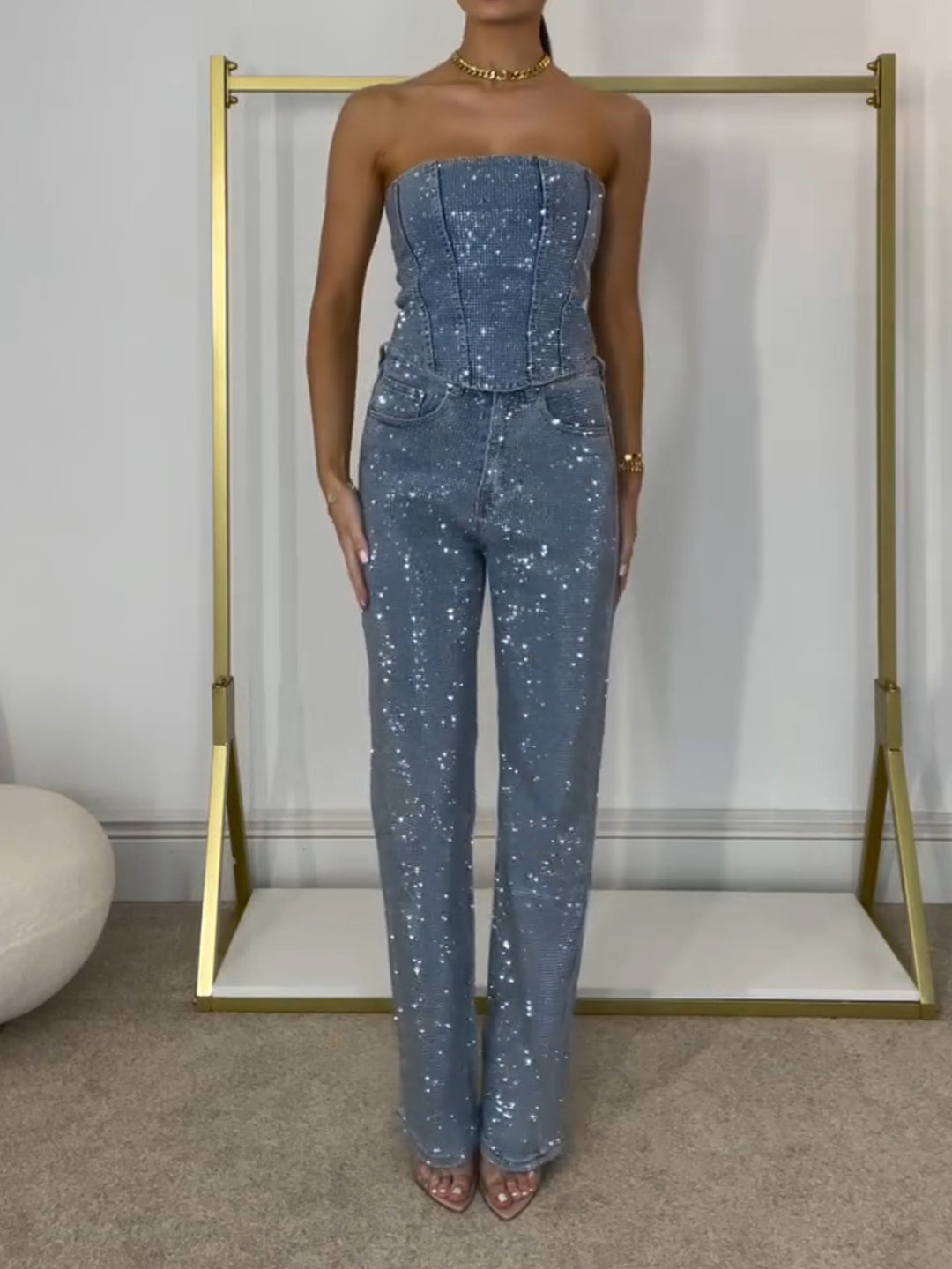 Premium Diamanté højtaljede denim jeans Tube Top Sæt