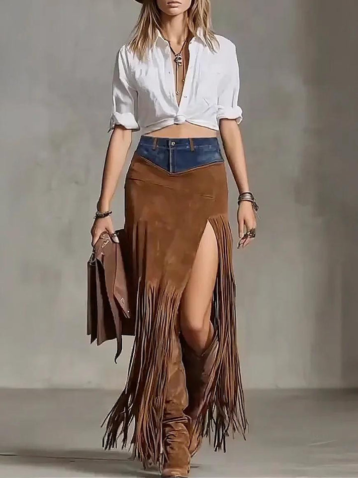 Suede Fringe Maxi Skirt