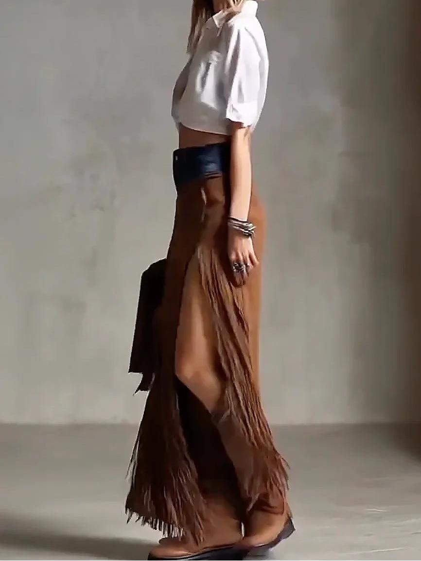 Suede Fringe Maxi Skirt