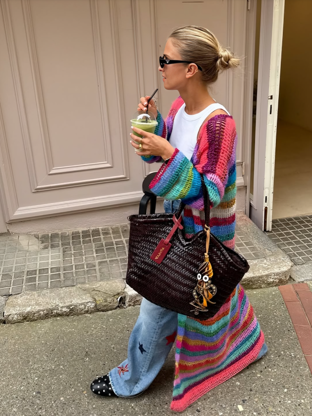 Bohemian Rainbow Striped Crochet Long Cardigan