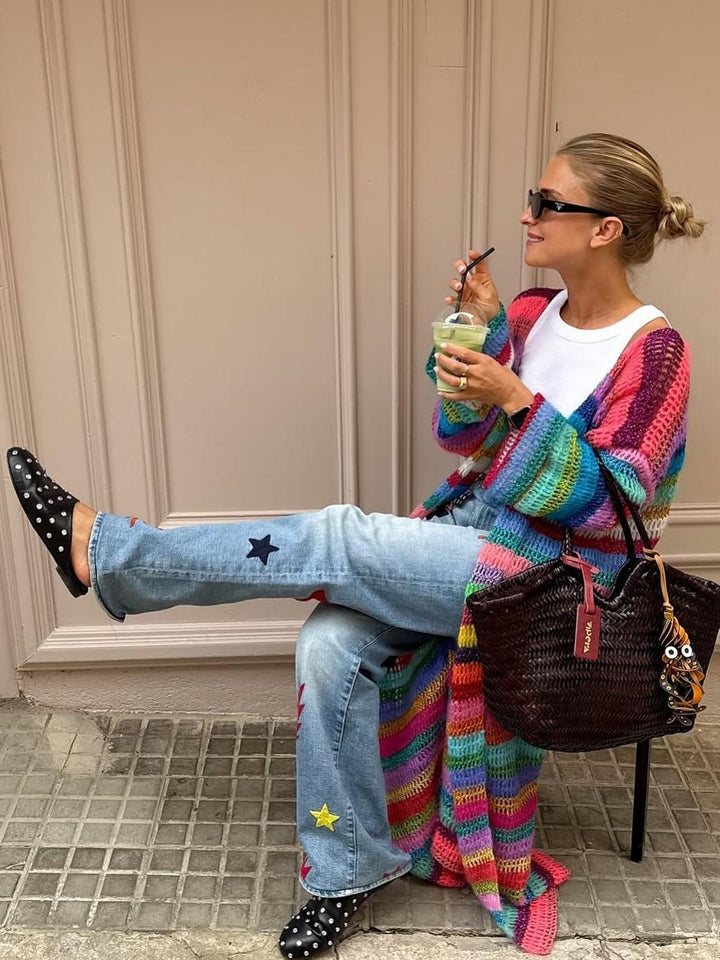 Bohemian Rainbow Striped Crochet Long Cardigan